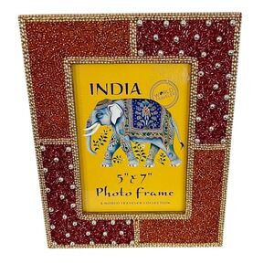 World Traveler Beaded Photo Frame Home Decor 5x7 Red Orange Mosaic India Studded
